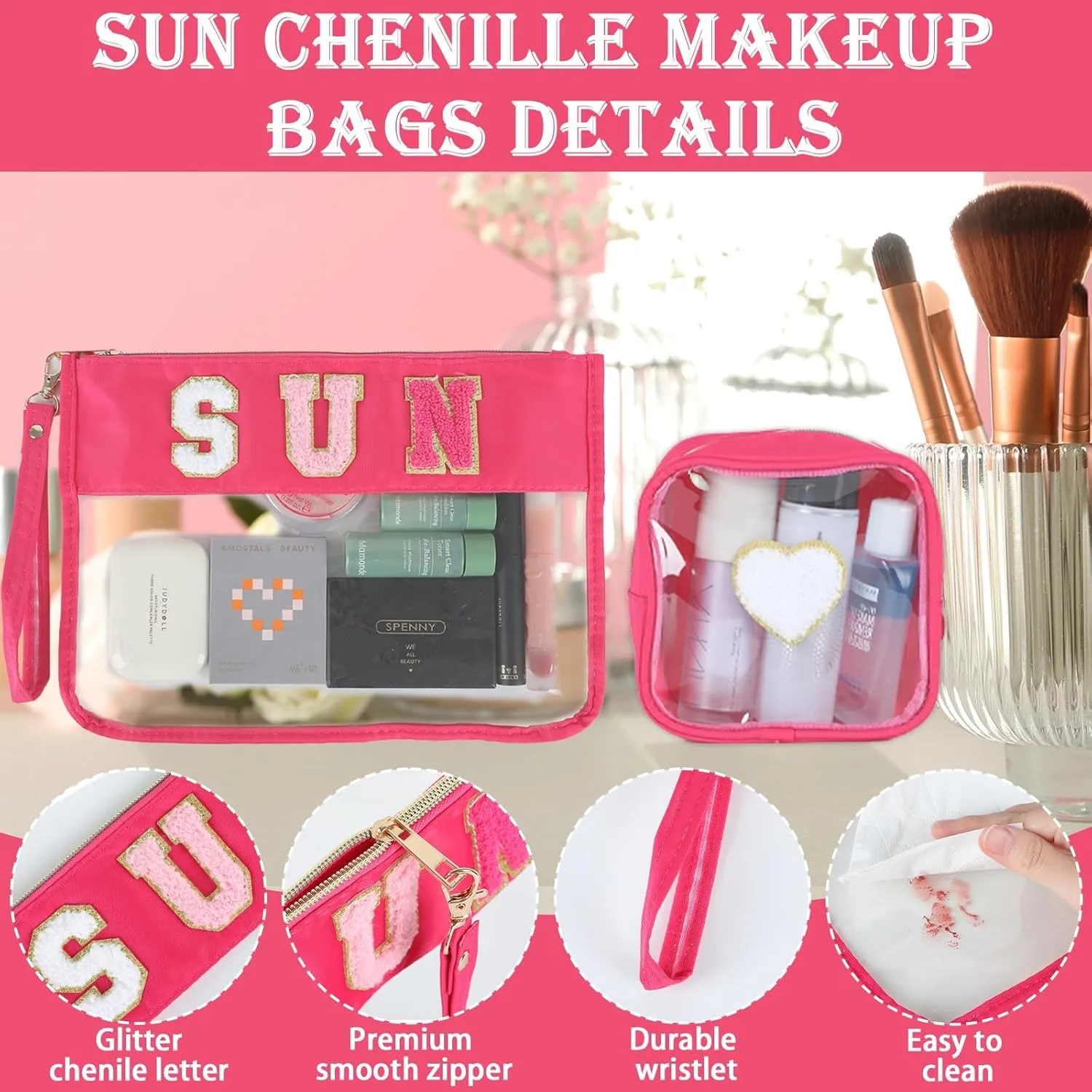 party greeting 2Pcs Sun Gifts Chenille Makeup Bags Portable Travel Cosmetic Bag with Zipper Preppy Patch Letter Bag Waterproof Storage Purse Flat Clear Pouch PVC Organizer for Women