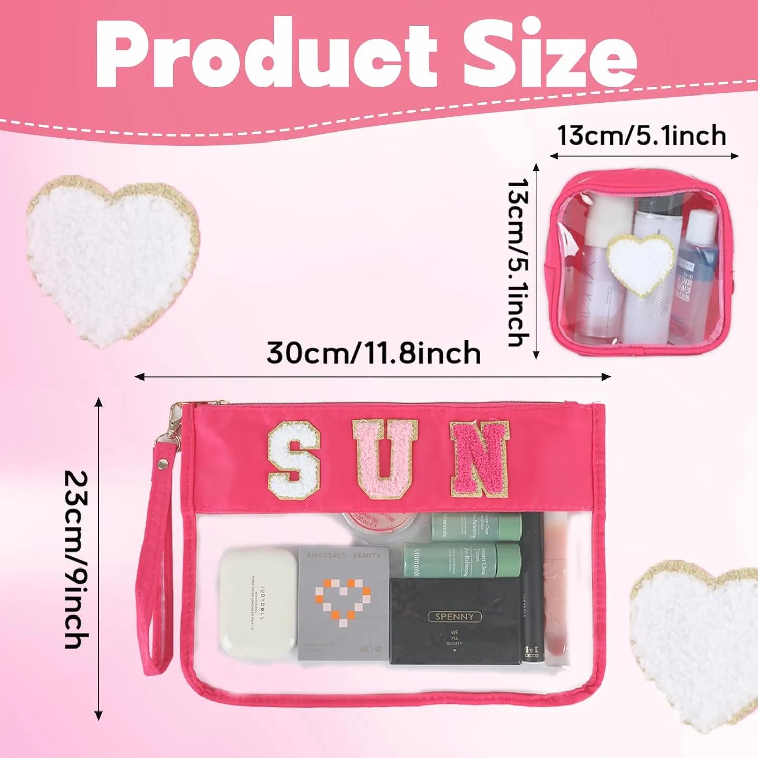 party greeting 2Pcs Sun Gifts Chenille Makeup Bags Portable Travel Cosmetic Bag with Zipper Preppy Patch Letter Bag Waterproof Storage Purse Flat Clear Pouch PVC Organizer for Women