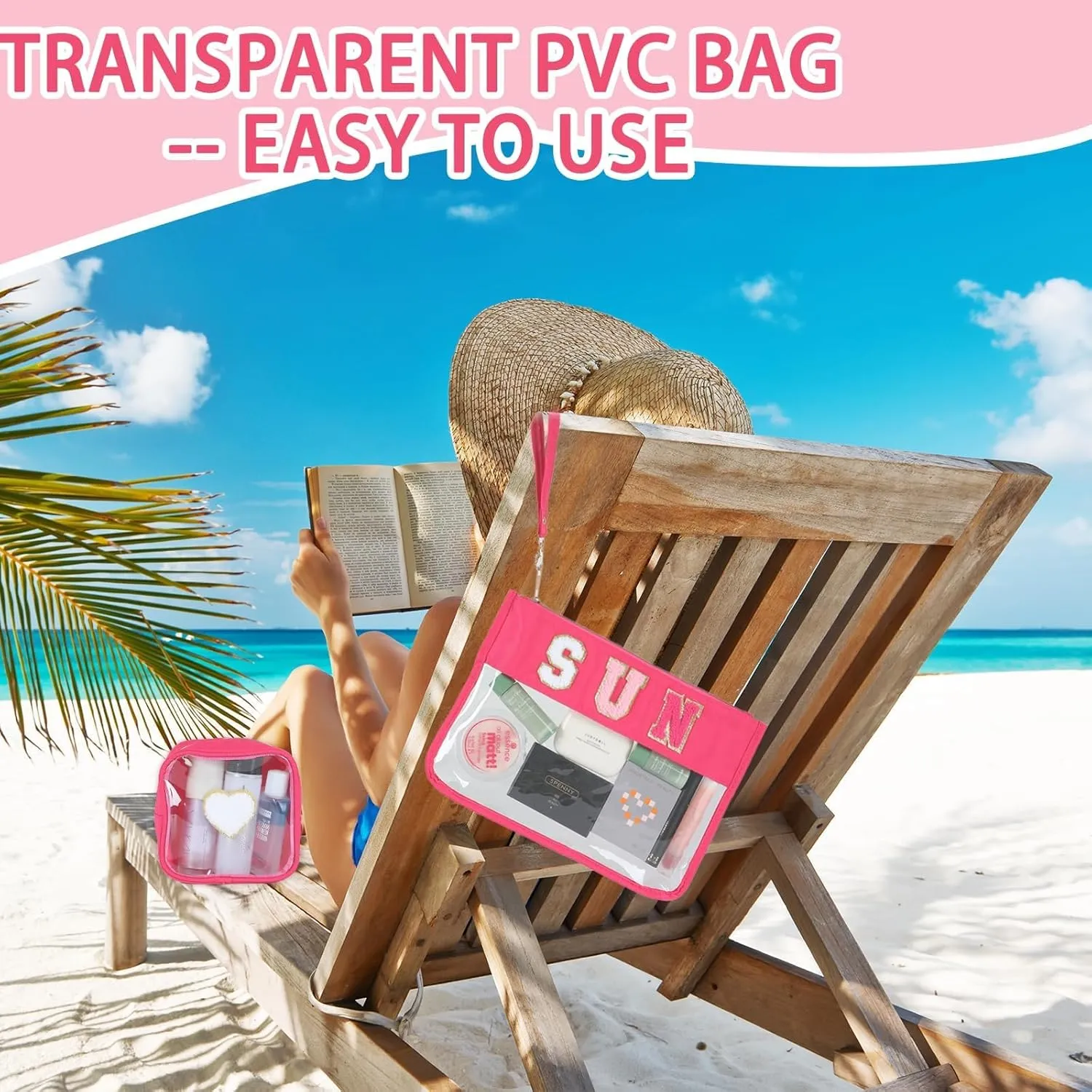party greeting 2Pcs Sun Gifts Chenille Makeup Bags Portable Travel Cosmetic Bag with Zipper Preppy Patch Letter Bag Waterproof Storage Purse Flat Clear Pouch PVC Organizer for Women