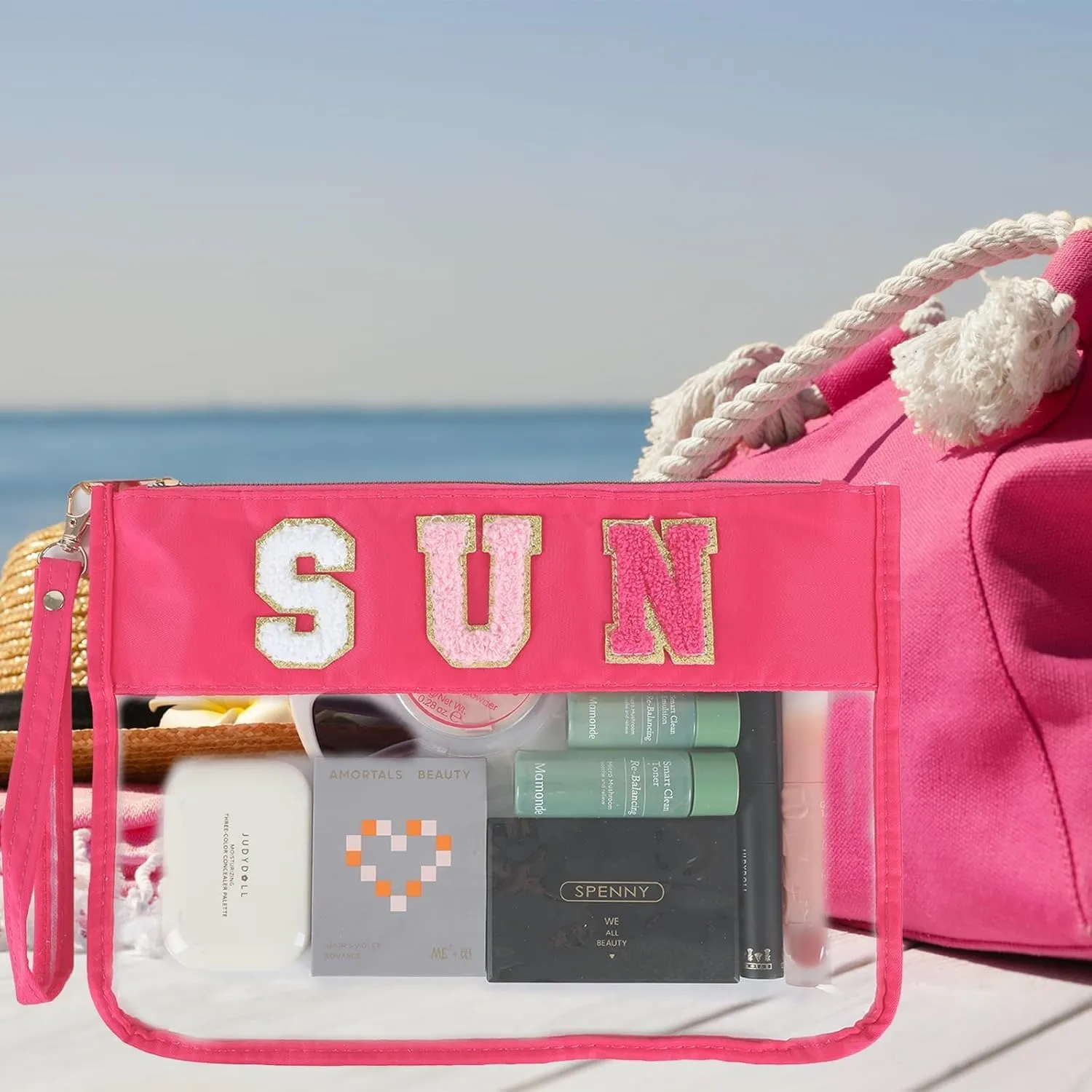 party greeting 2Pcs Sun Gifts Chenille Makeup Bags Portable Travel Cosmetic Bag with Zipper Preppy Patch Letter Bag Waterproof Storage Purse Flat Clear Pouch PVC Organizer for Women