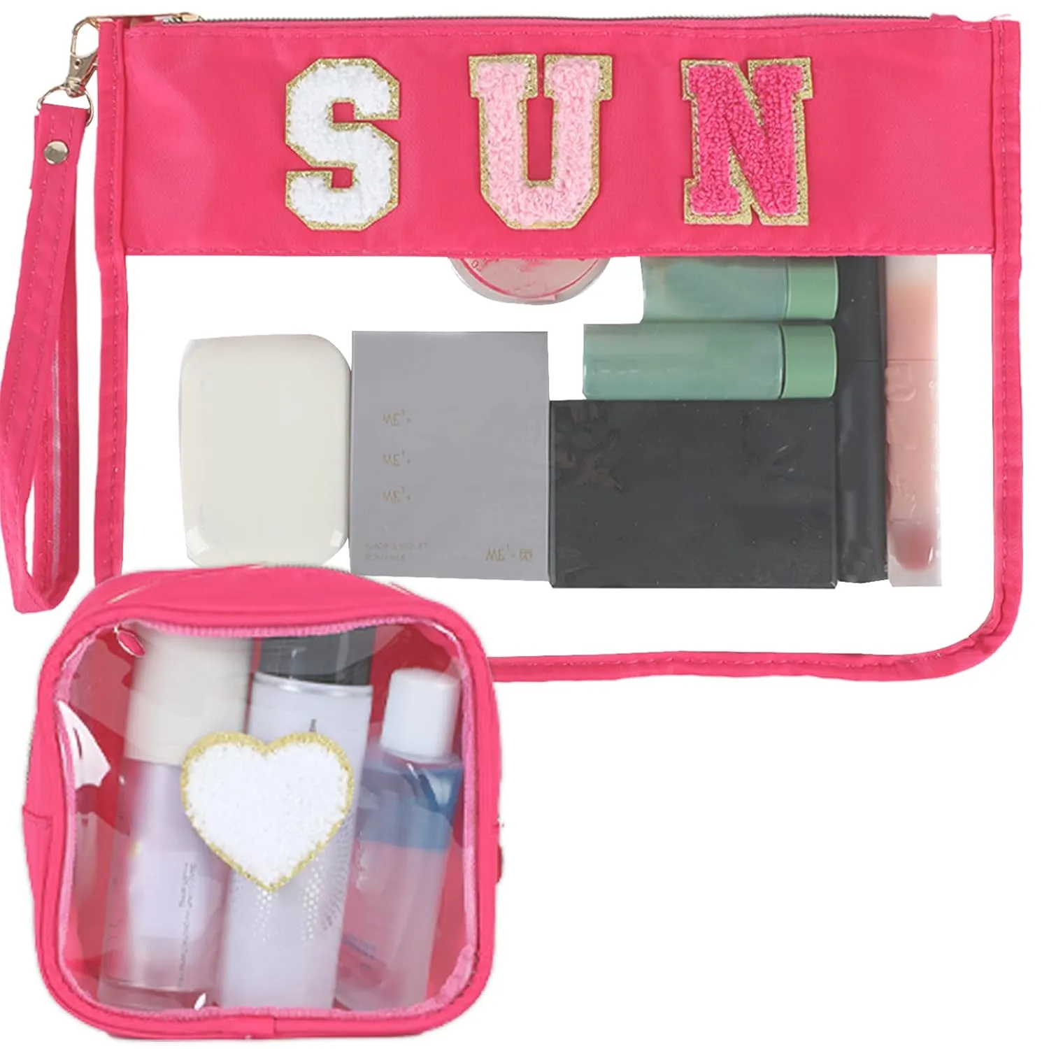 party greeting 2Pcs Sun Gifts Chenille Makeup Bags Portable Travel Cosmetic Bag with Zipper Preppy Patch Letter Bag Waterproof Storage Purse Flat Clear Pouch PVC Organizer for Women