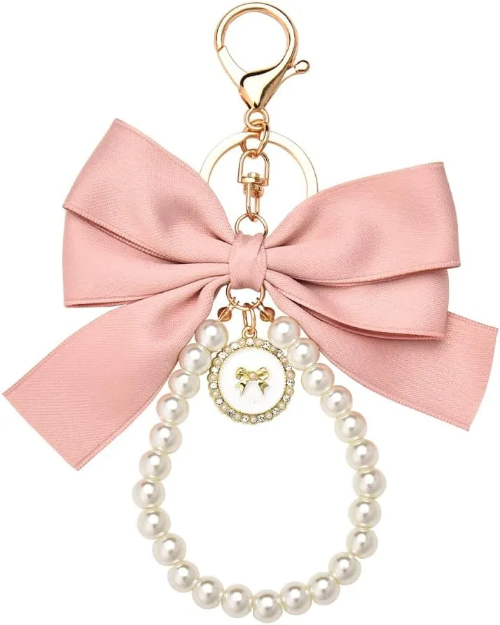 Pearl Keychain Wristlet with Bow Charm for Bag Purse Handbag Accessories for Women Bowknot Keychain Charm for Keys