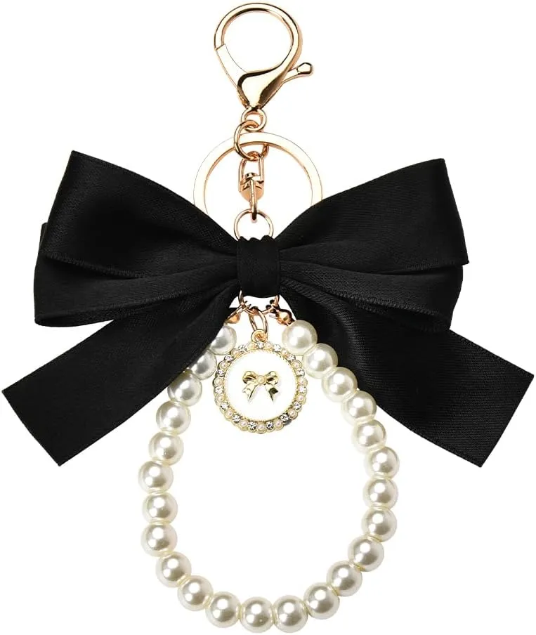 Pearl Keychain Wristlet with Bow Charm for Bag Purse Handbag Accessories for Women Bowknot Keychain Charm for Keys