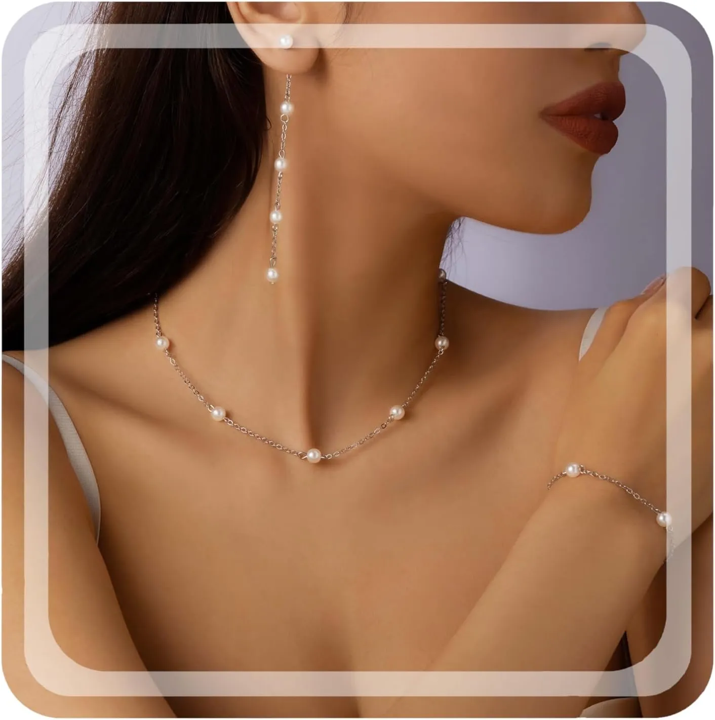 Pearl Necklace for Women Dainty Pearl Jewelry Set Flower Pearl Choker Necklace Bracelet Pearl Drop Earrings 14K Gold Plated Wedding Pearl Jewelry