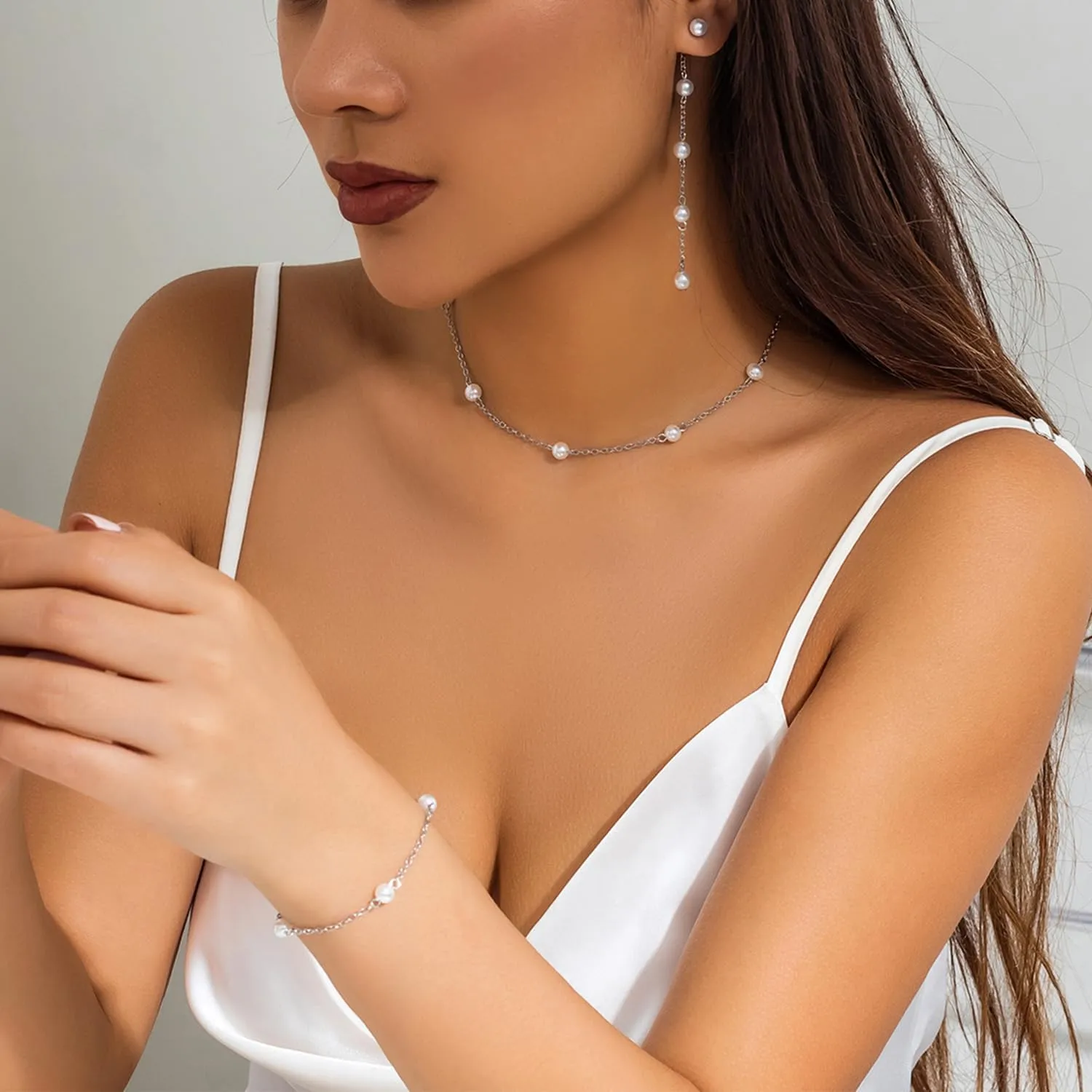 Pearl Necklace for Women Dainty Pearl Jewelry Set Flower Pearl Choker Necklace Bracelet Pearl Drop Earrings 14K Gold Plated Wedding Pearl Jewelry