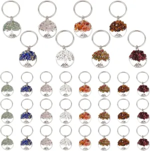 PH PandaHall 32pcs Tree of Life Keychain, 8 Style Natural Crystal Stone Key Chains Gemstone Key Chain Charm Keychain Pendant with Key Rings for Bag Keyring Thanksgiving Teachers Day Mother's Day