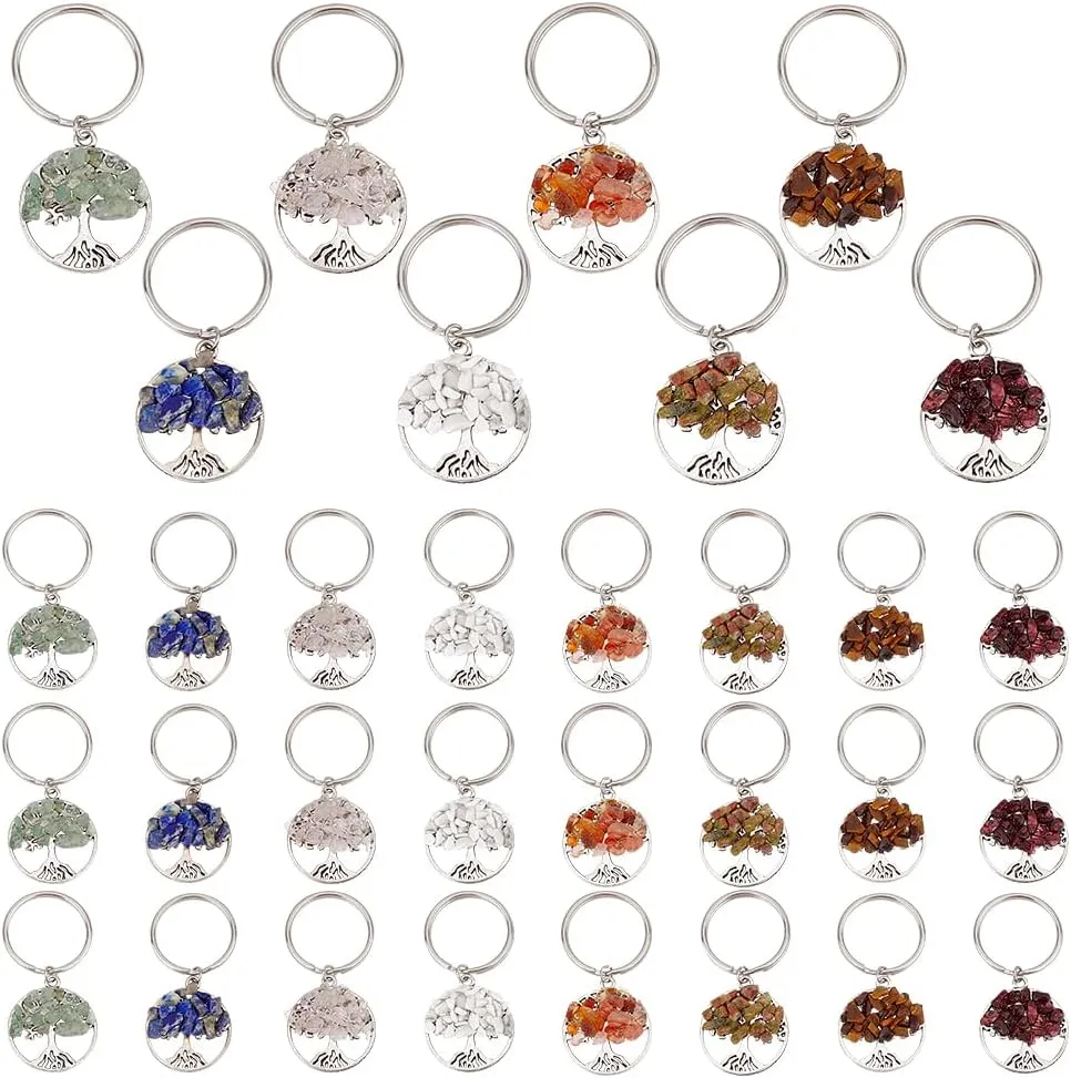 PH PandaHall 32pcs Tree of Life Keychain, 8 Style Natural Crystal Stone Key Chains Gemstone Key Chain Charm Keychain Pendant with Key Rings for Bag Keyring Thanksgiving Teachers Day Mother's Day