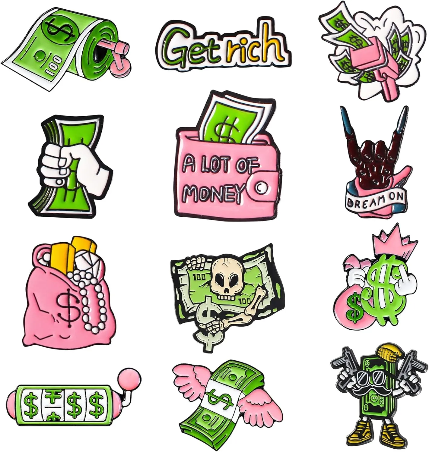 Pibupibu 12 Pack Fun Cash Enamel Pins for Backpacks Jacket Lapel Hat Bag Cool Pins Set, Novelty Money USD Wallet Funny Cheap Art Brooches Accessories Gifts