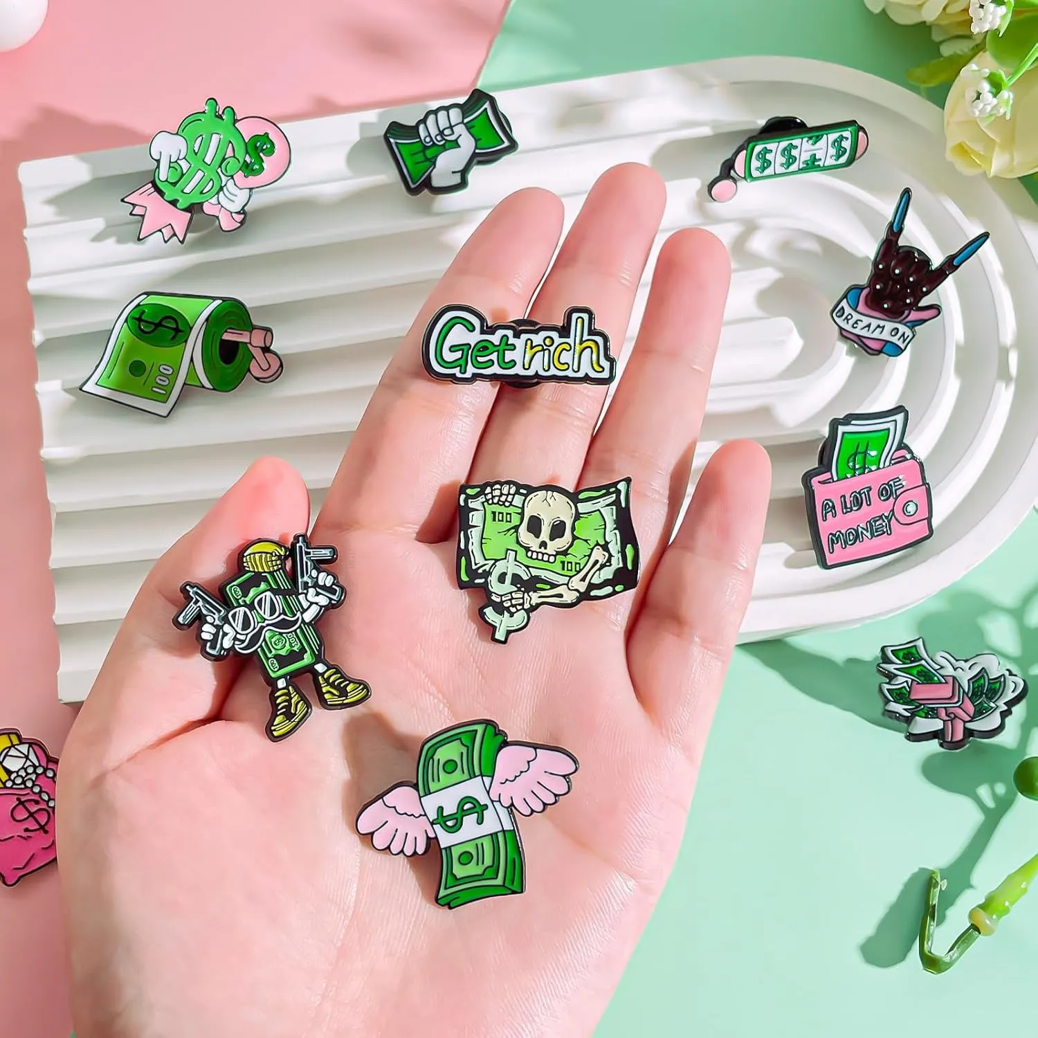 Pibupibu 12 Pack Fun Cash Enamel Pins for Backpacks Jacket Lapel Hat Bag Cool Pins Set, Novelty Money USD Wallet Funny Cheap Art Brooches Accessories Gifts