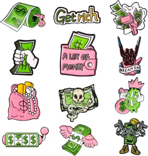 Pibupibu 12 Pack Fun Cash Enamel Pins for Backpacks Jacket Lapel Hat Bag Cool Pins Set, Novelty Money USD Wallet Funny Cheap Art Brooches Accessories Gifts