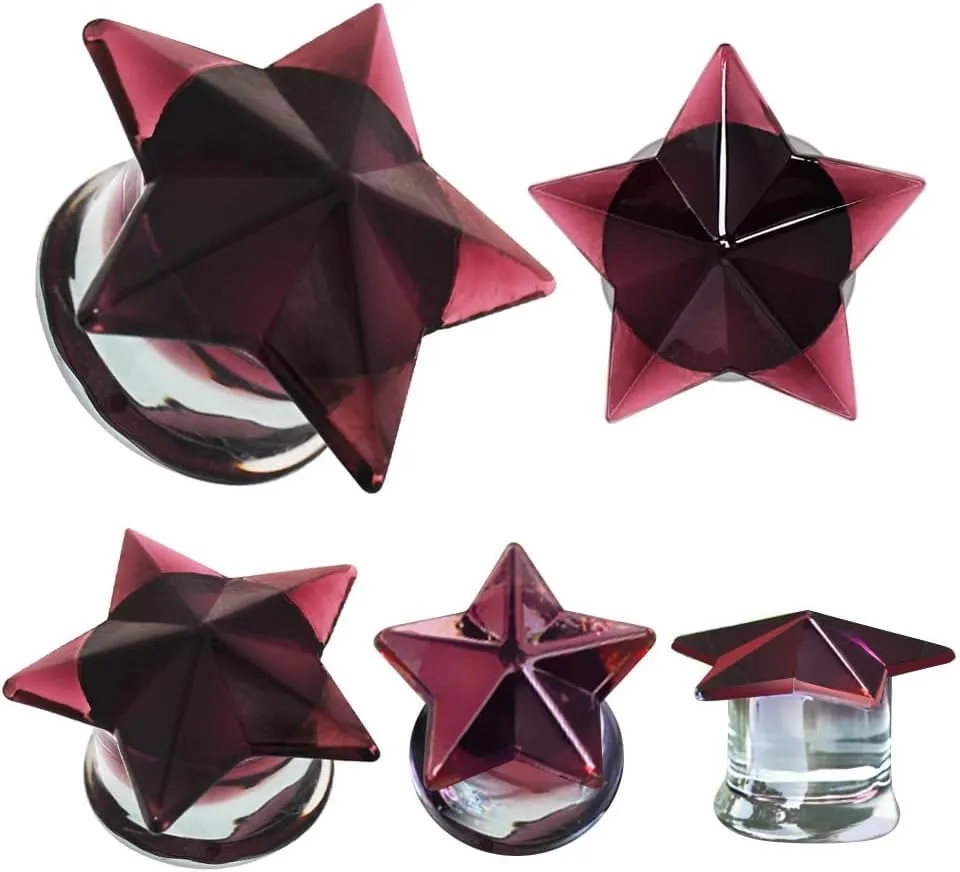 Pierced Owl Purple Faceted Star Shaped Glass Flared Plugs, Sold as a Pair