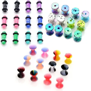 PiercingJ 36pcs Candy Colors Spots Acrylic Ear Stretching Plugs Kit and Double-flared Thin Silicone Saddle Tunnels Set