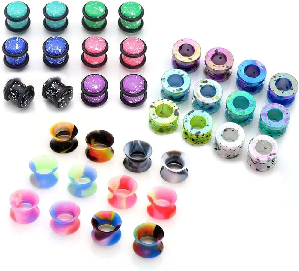 PiercingJ 36pcs Candy Colors Spots Acrylic Ear Stretching Plugs Kit and Double-flared Thin Silicone Saddle Tunnels Set