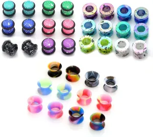 PiercingJ 36pcs Candy Colors Spots Acrylic Ear Stretching Plugs Kit and Double-flared Thin Silicone Saddle Tunnels Set