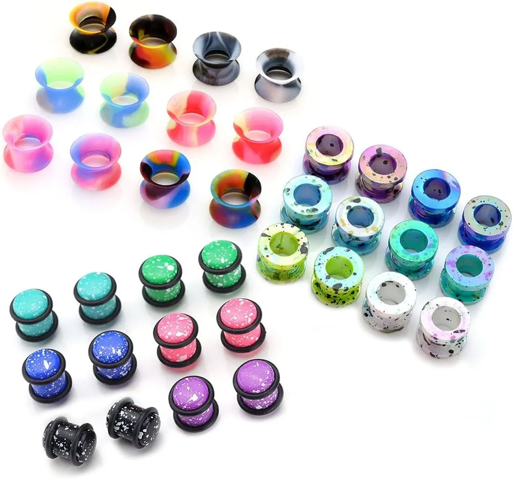 PiercingJ 36pcs Candy Colors Spots Acrylic Ear Stretching Plugs Kit and Double-flared Thin Silicone Saddle Tunnels Set