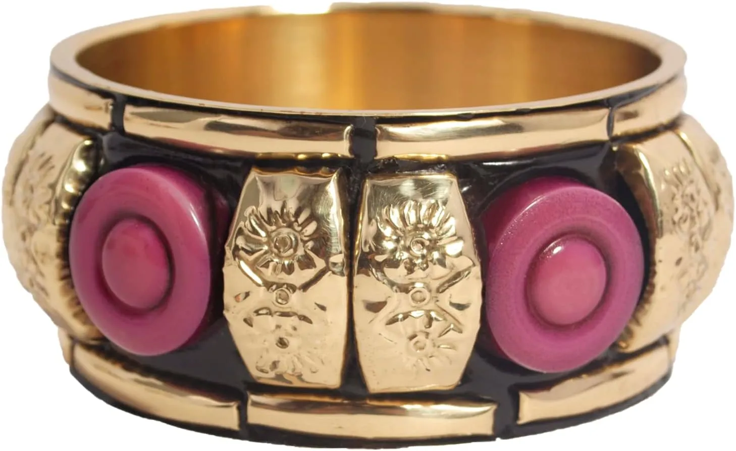 Plum Meringue - Handmade Fashion Bangle Ornated With Deep Purple Button Beads & Dual Gold Spacers Fixed Over Tarnish Resistant Polished Brass Liner Bracelet Mothers Day Jewelry.