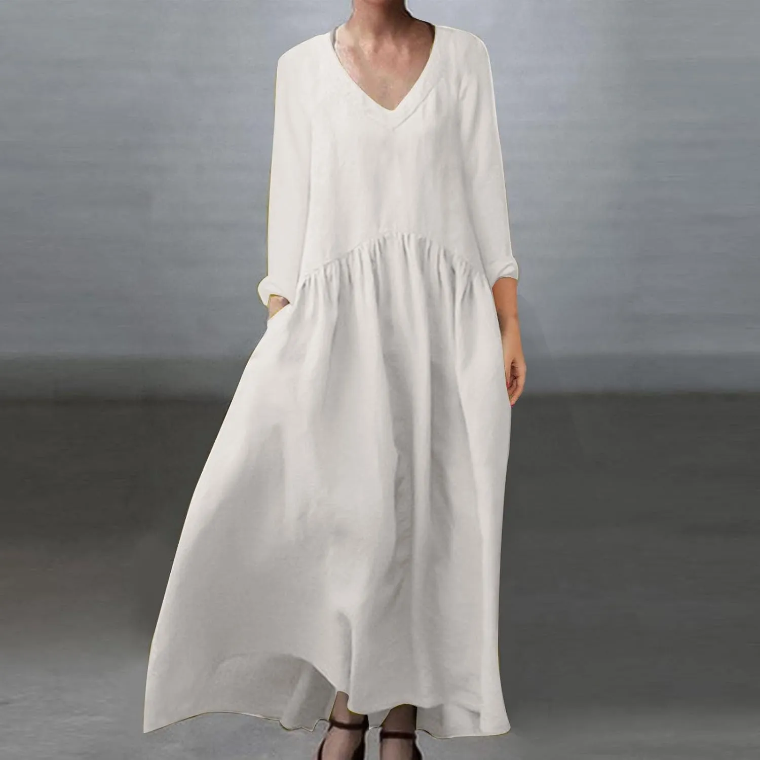 Plus Size Dresses for Women Ladies V Neck Solid Color Cotton and Linen Casual Pocket Long Sleeved Cute Dress