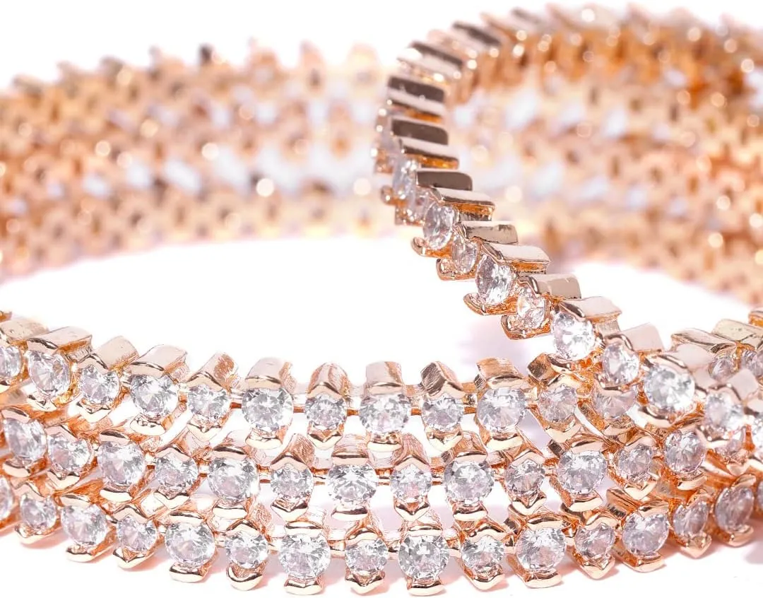 Priyaasi American Diamond Rose Gold Bangles for Women/Bangle Bracelets for Women - Set of 4 | Minimal Design | Plating of Rose Gold | Bangle Bracelets for Women for Weddings & Festivals | Brass Metal