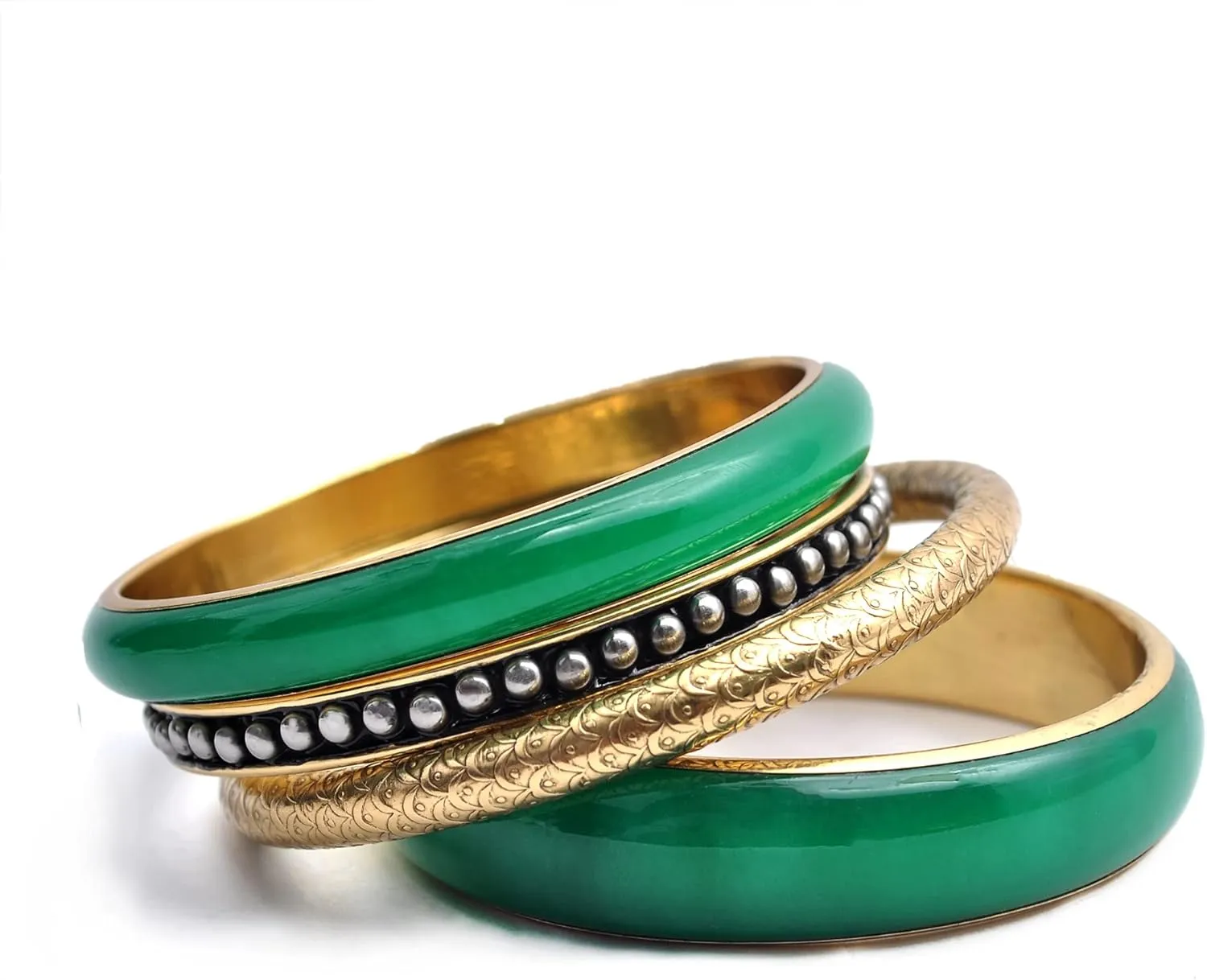 Pure Hands Blooming Conflate - Handmade Set-of 4 Bangle Bracelets in a Color Geen & Silver unique Sets Brass bangles for women.