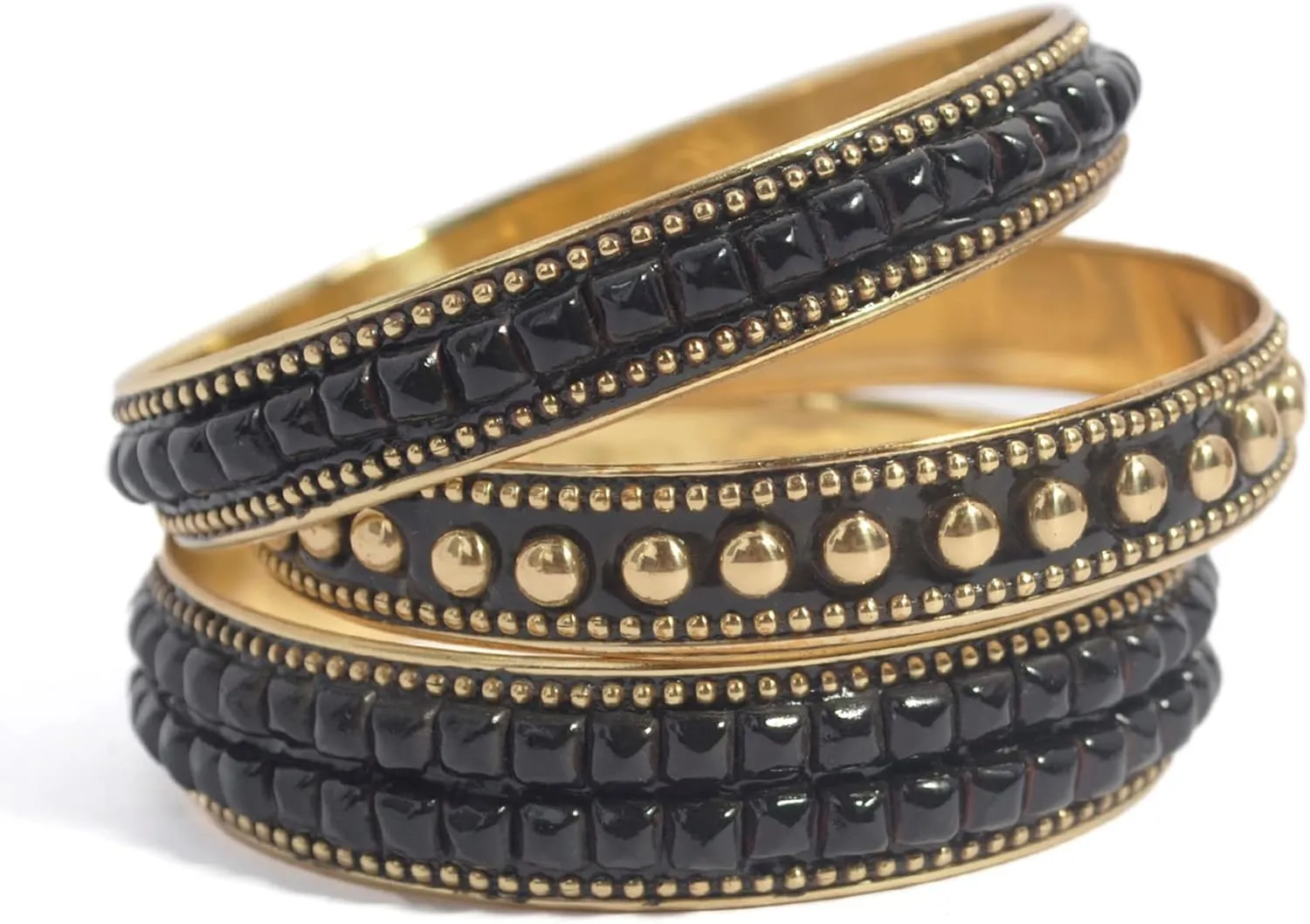 Pure Hands Copacetic Smile - Handmade Set of 3 Brass Studded Bangles With Faceted Moonless Night Black Resin & Golden Brass Beads Unique Bracelet Mothers Day Jewelry Gifts.