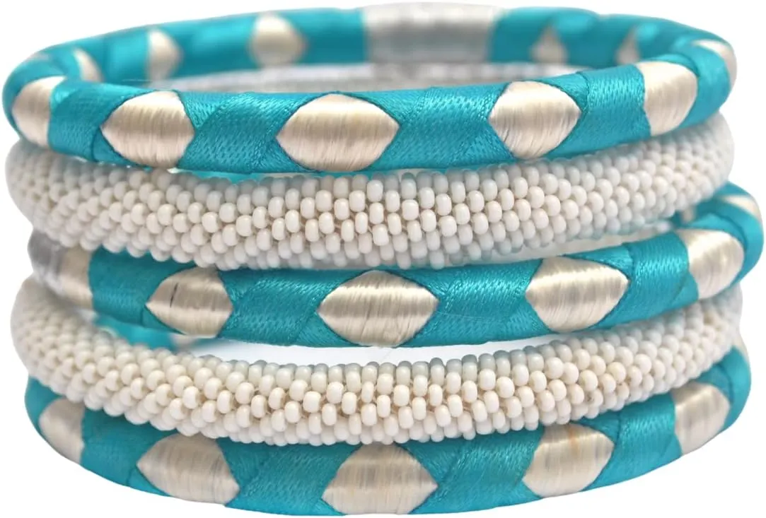 Pure Hands Encomium Charmer - Value set of 5 Handcrafted Scuba-Blue & Whisper White Glass seed-bead charm-bangle-bracelets flanked by Silk Bangles for women