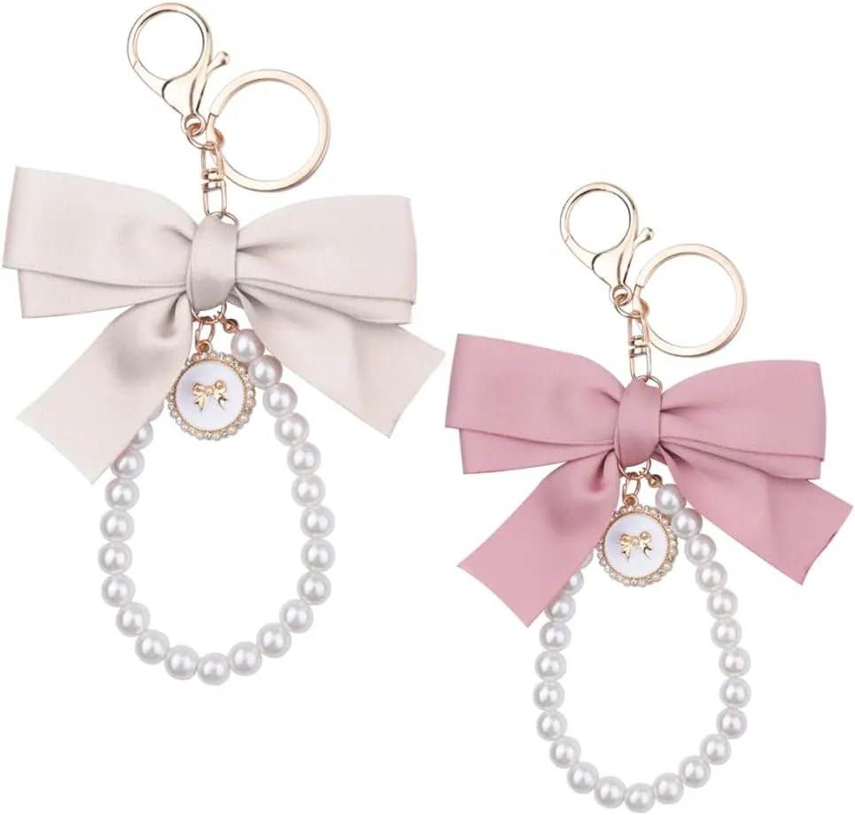 Purse Pearl Bow Keychain Accessories for Women Bow Pearl Beaded Keychain for Purse Bag Bow Charm Pearl Bow Keychains for 2 Purse Backpack Keychain Pearl Key Chains for Car Keys Pearl Bow Keyrings
