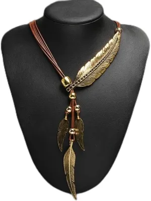 Razered Bohemian Style Rope Chain Leaf Feather Pattern Pendant For Women Fine Jewelry Collares Statement Necklace EIG88