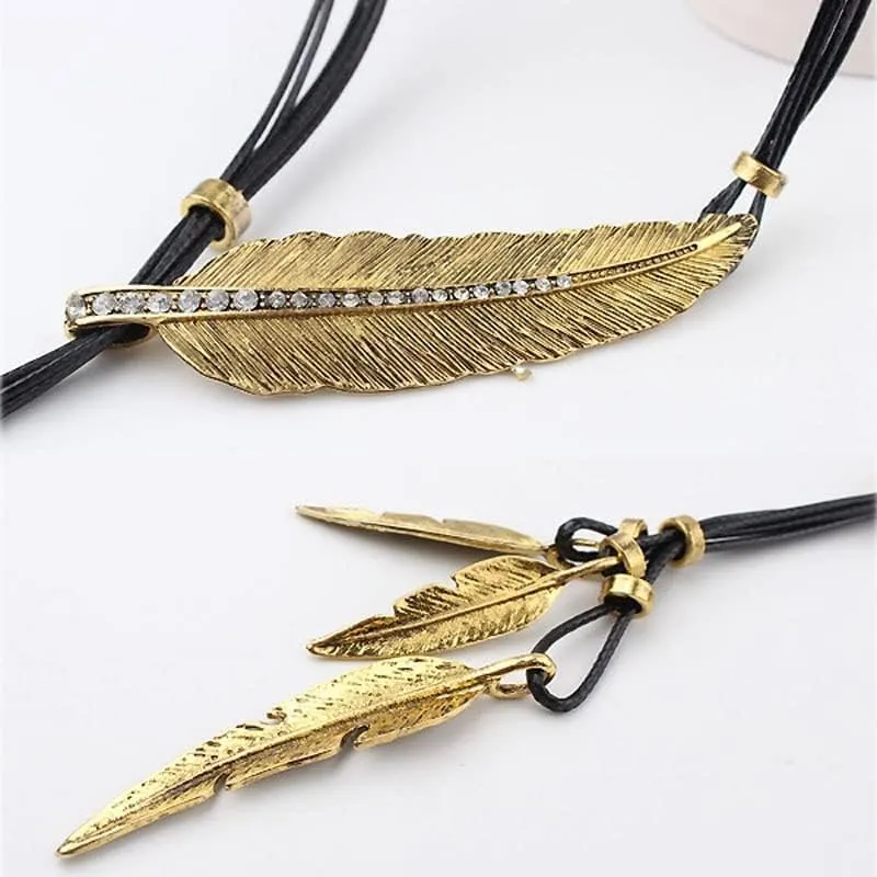 Razered Bohemian Style Rope Chain Leaf Feather Pattern Pendant For Women Fine Jewelry Collares Statement Necklace EIG88
