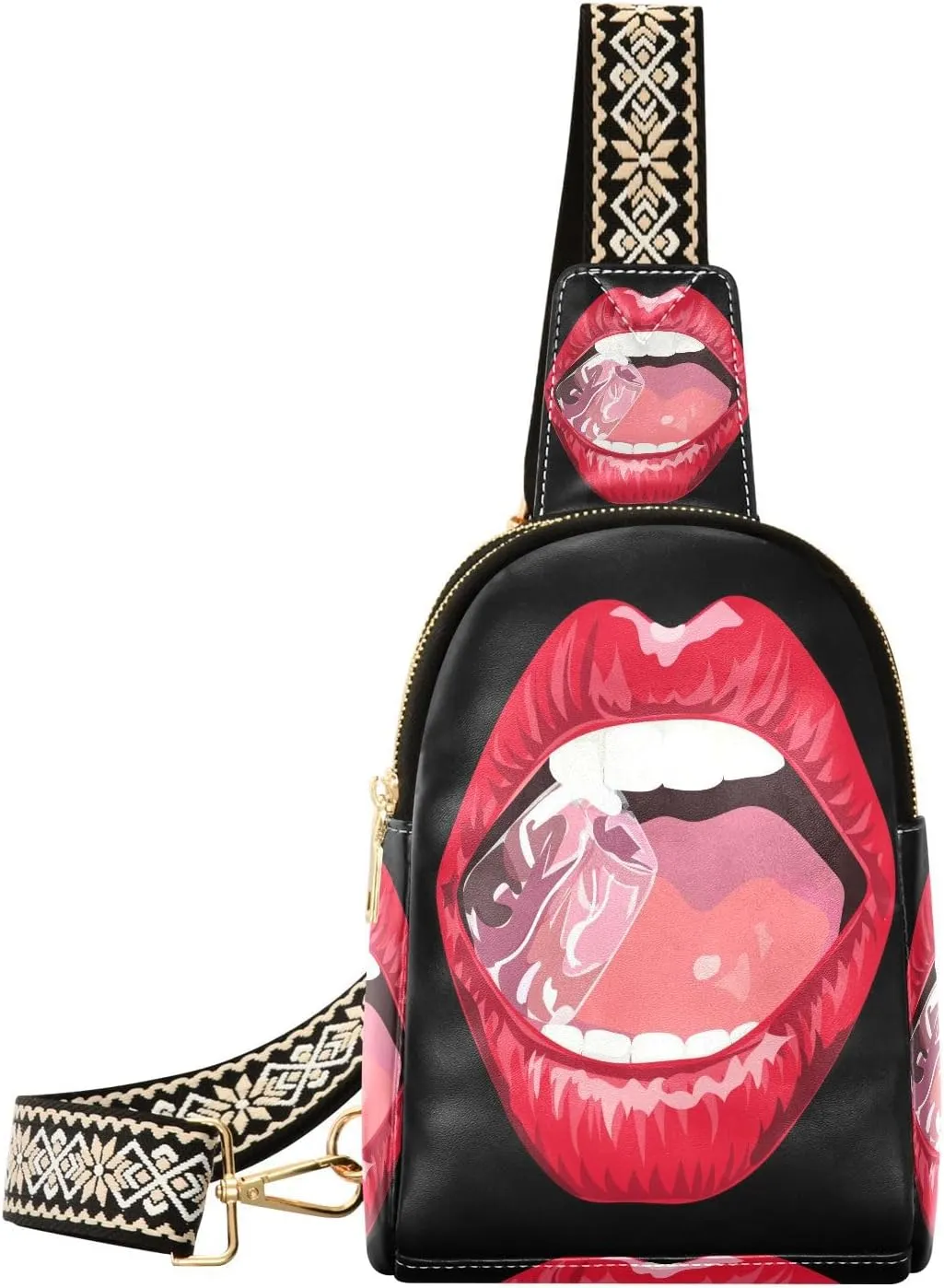 Red Lips Ice Fanny Pack Crossbody PC Leather Small Sling Bag for Women Open Mouth Fashion Waist Packs Chest Bag for Travel Sports Running Hiking