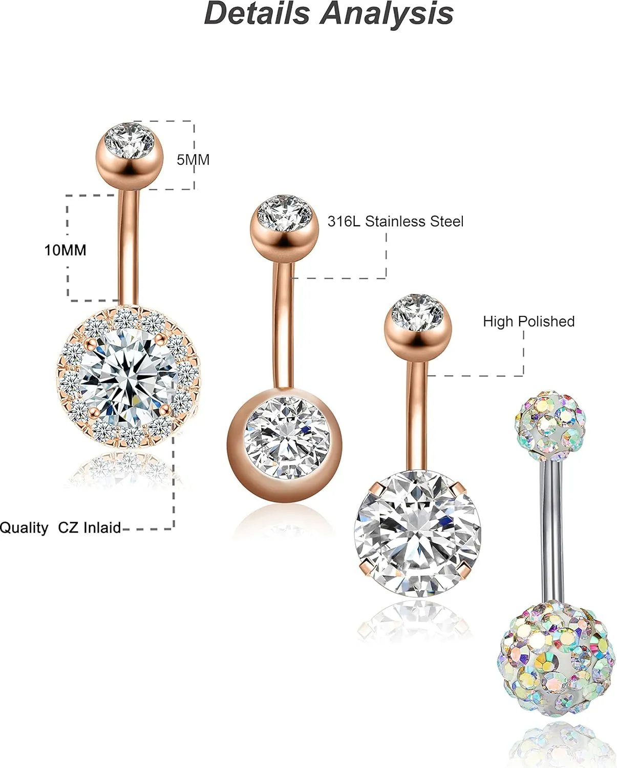 REVOLIA 14G Stainless Steel Belly Button Rings for Women Navel Rings CZ Body Piercing