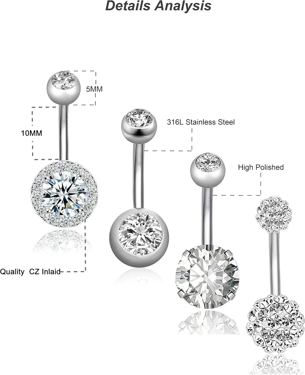 REVOLIA 14G Stainless Steel Belly Button Rings for Women Navel Rings CZ Body Piercing