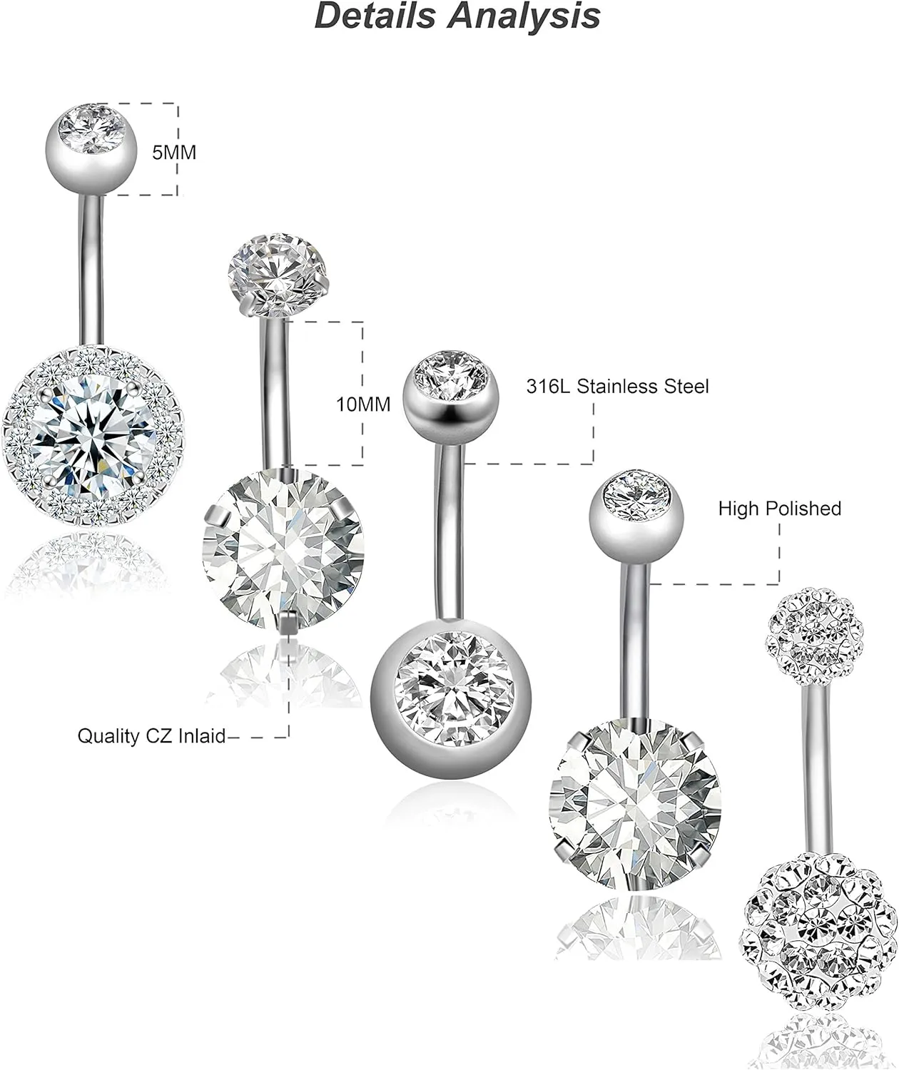 REVOLIA 14G Stainless Steel Belly Button Rings for Women Navel Rings CZ Body Piercing