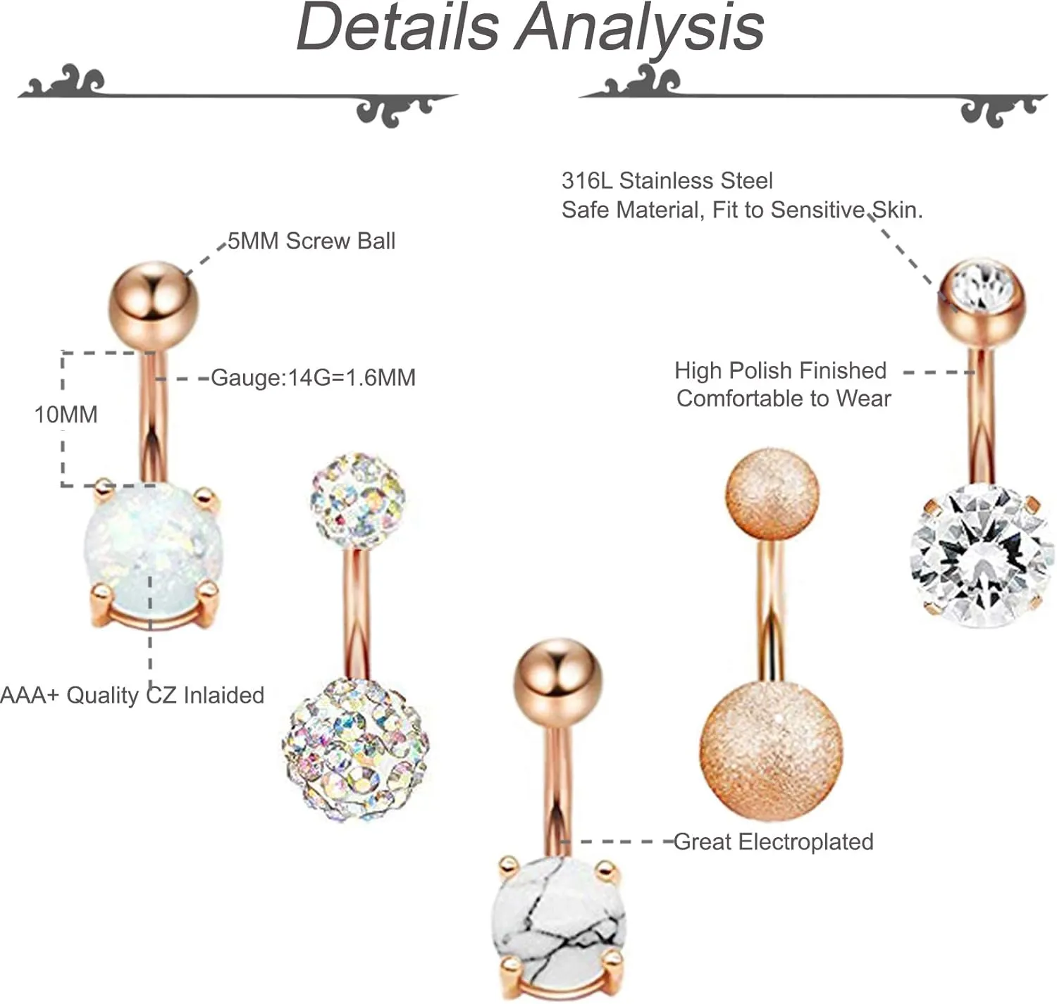 REVOLIA 14G Stainless Steel Belly Button Rings for Women Navel Rings CZ Body Piercing