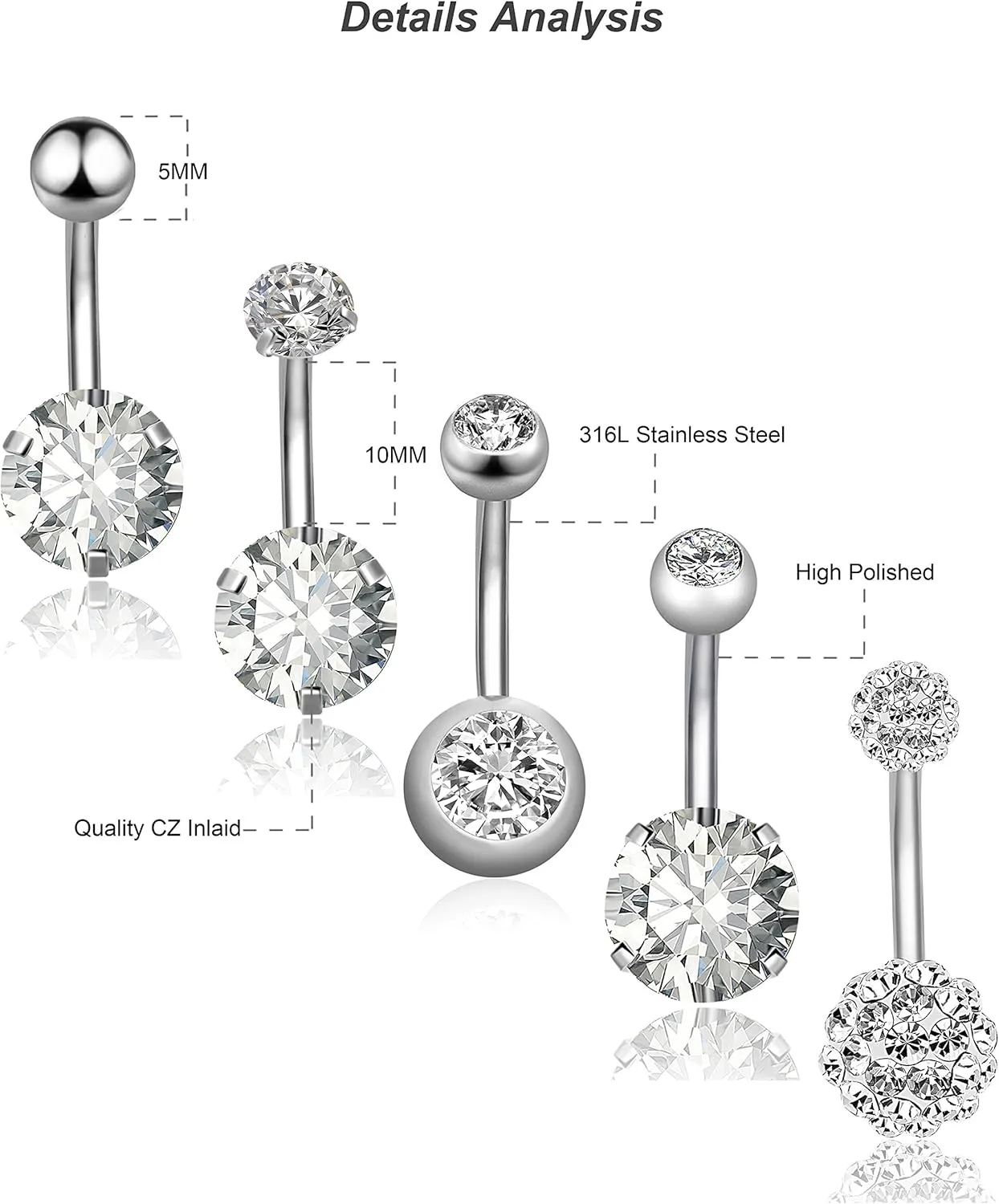 REVOLIA 14G Stainless Steel Belly Button Rings for Women Navel Rings CZ Body Piercing
