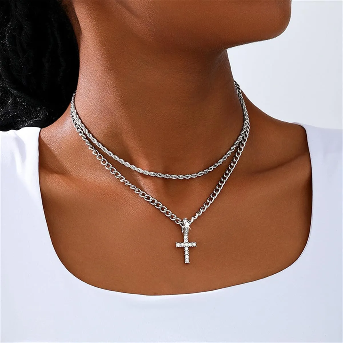 Rhinestone Cross Pendant Necklaces for Women Unisex Hip Hop Twist Chain Necklace Stainless Steel Matching Necklaces Streetwear Jewelry Back To School Accessories Birthday Gift