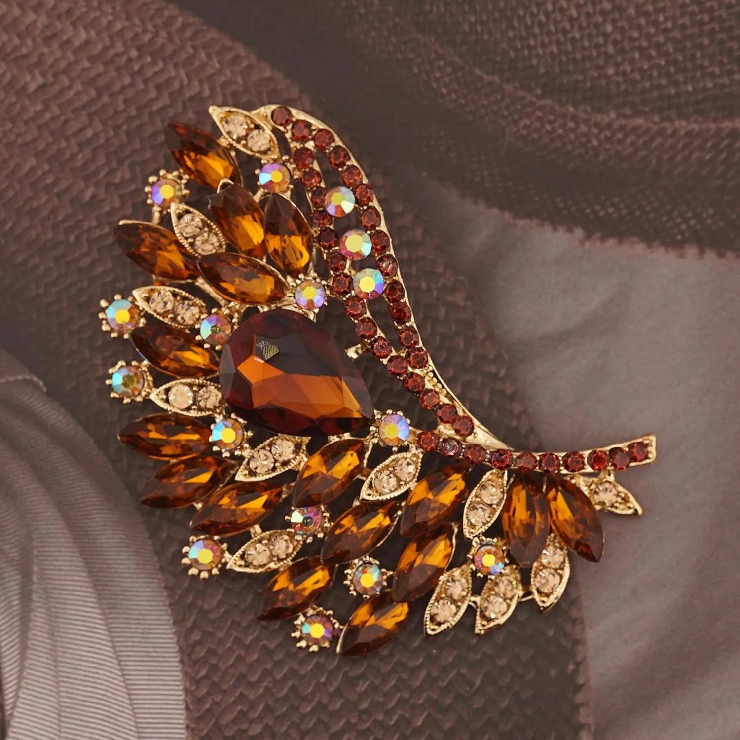 Rhinestone Crystal Big Large Brooch Pin Jewerly Accessory Wing shape Gold Tone