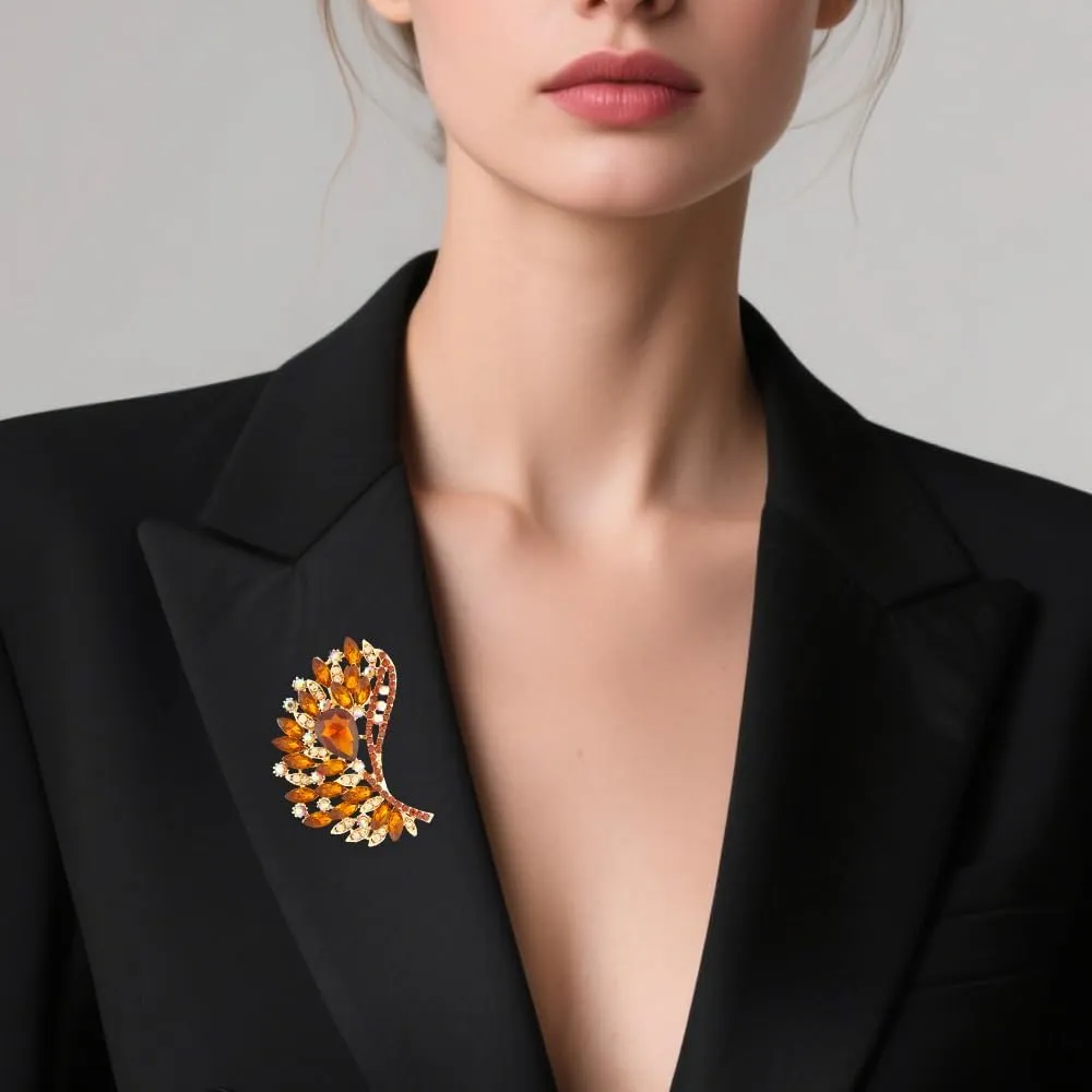 Rhinestone Crystal Big Large Brooch Pin Jewerly Accessory Wing shape Gold Tone