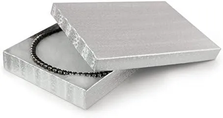 RJ Displays-25 Pack Cotton Filled Silver Foil Boxes for Earring, Necklace, Belt Buckle, Brooch, Watch, Bangles, Charm Bracelets, Gift Packaging Size -5 7/16 x 3 15/16 x 1 (#53))