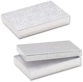 RJ Displays-25 Pack Cotton Filled Silver Foil Boxes for Earring, Necklace, Belt Buckle, Brooch, Watch, Bangles, Charm Bracelets, Gift Packaging Size -5 7/16 x 3 15/16 x 1 (#53))