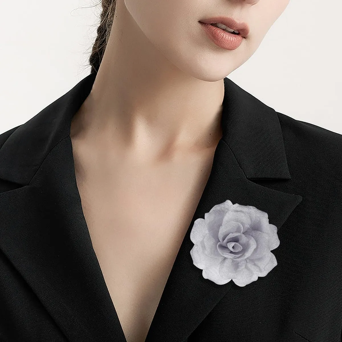 Rose Flower Brooches and Clips for Women | Light Gray Brooches with Hair Clip | Lapel and Hat Pins, 3.1 Inches