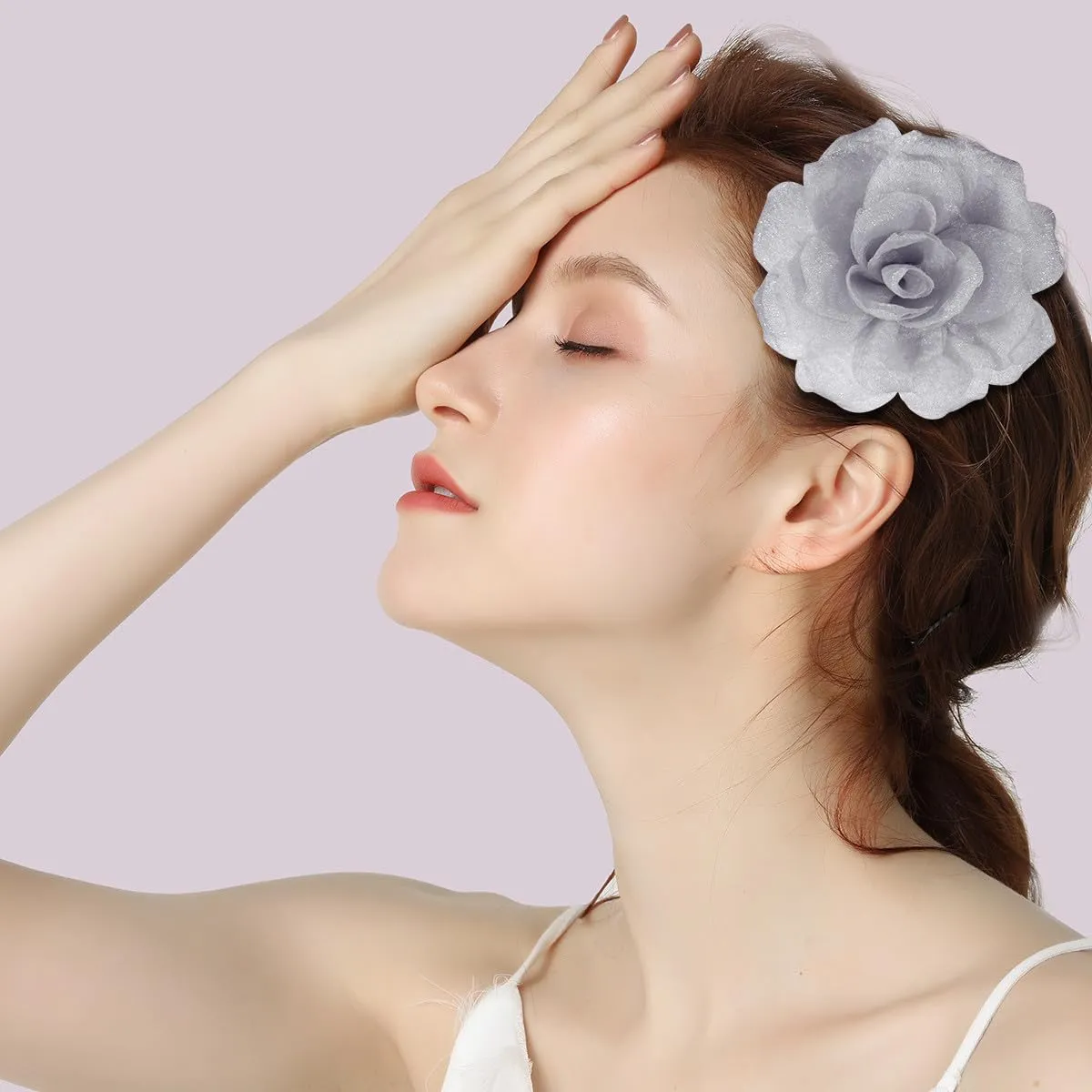 Rose Flower Brooches and Clips for Women | Light Gray Brooches with Hair Clip | Lapel and Hat Pins, 3.1 Inches