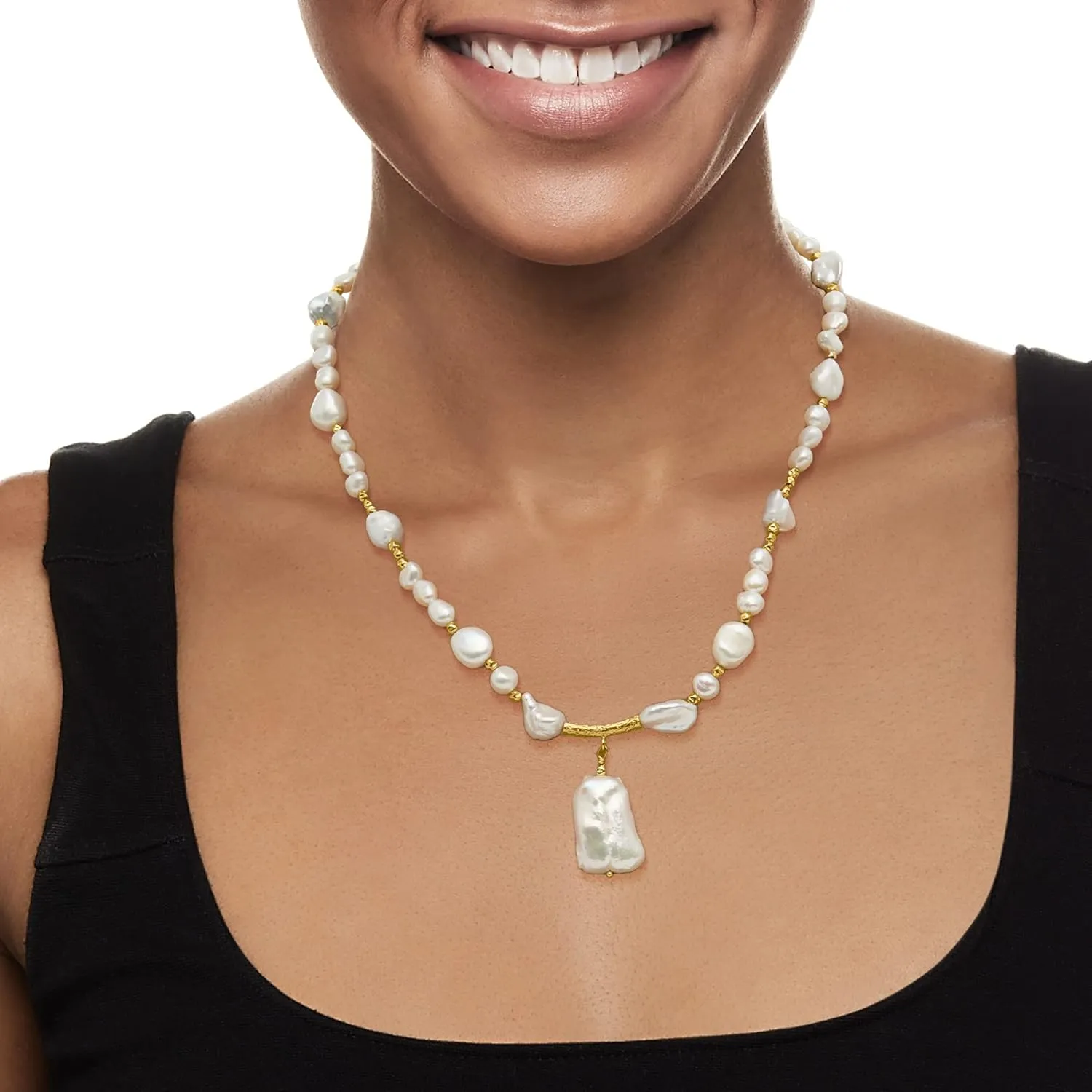 Ross-Simons 5-14mm Cultured Baroque Pearl Drop Necklace in 18kt Gold Over Sterling