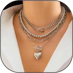 Rrdaily Gold Silver Layered Choker Necklaces for Women Teen Girls, Stackable Buckle Heart Pendant Gold Bead Chain Necklace Set, Trendy Punk Statement Jewelry Gifts