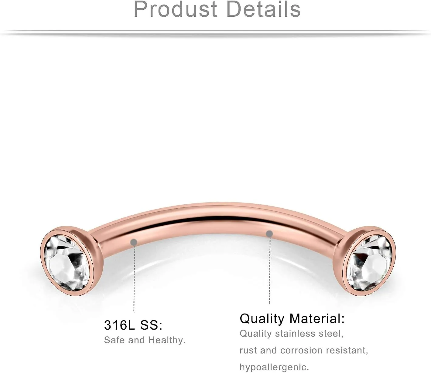 Ruifan 9 Pairs 16G Stainless Steel 3mm Clear CZ Glitter Ball Curved Barbell Eyebrow Tragus Lip Belly Ring Piercing Jewelry 3/8"(10MM) Rose Gold