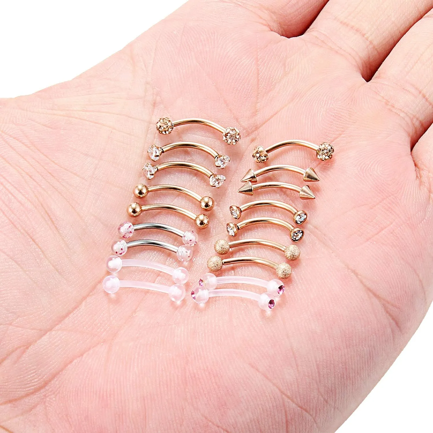 Ruifan 9 Pairs 16G Stainless Steel 3mm Clear CZ Glitter Ball Curved Barbell Eyebrow Tragus Lip Belly Ring Piercing Jewelry 3/8"(10MM) Rose Gold