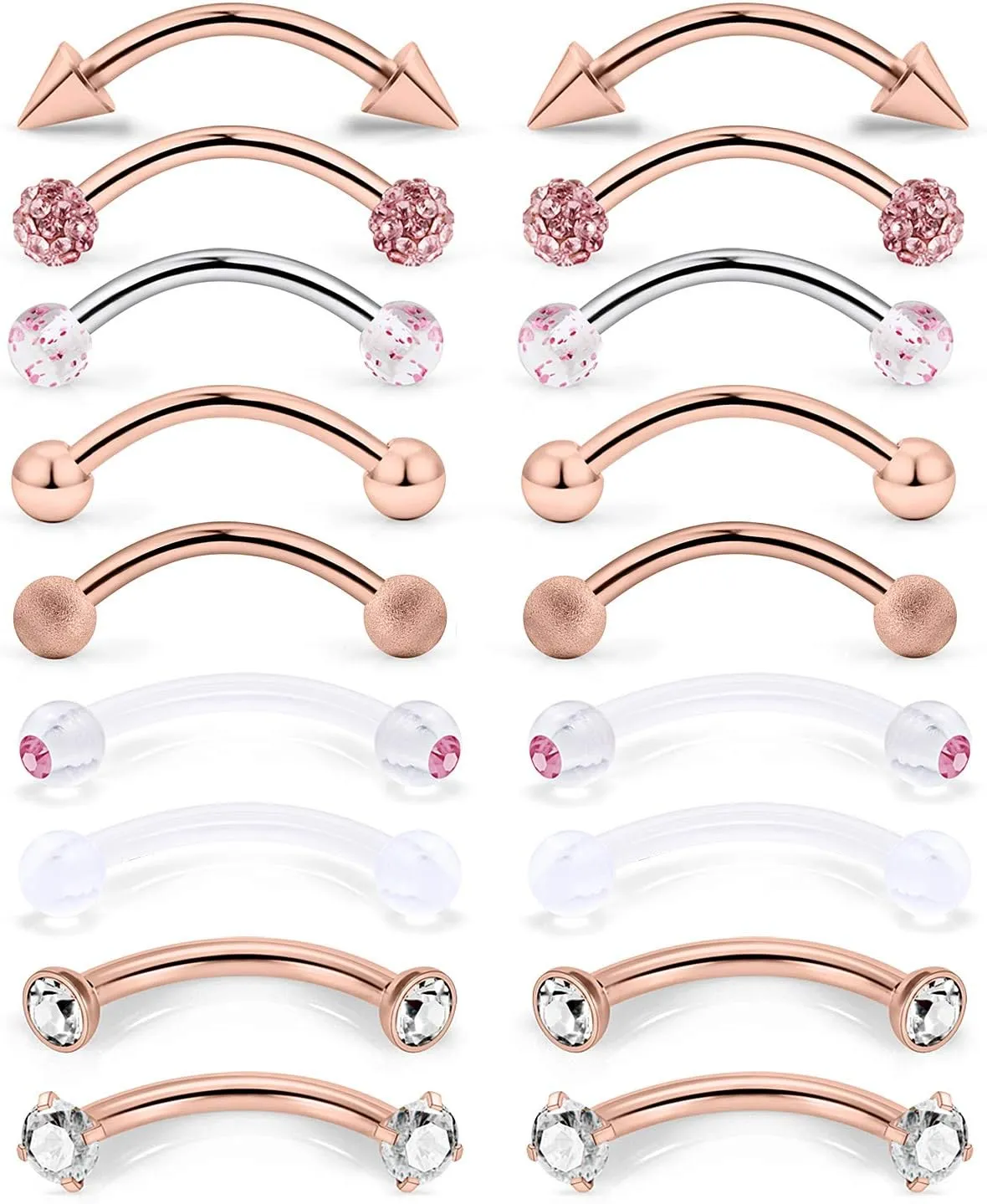Ruifan 9 Pairs 16G Stainless Steel 3mm Clear CZ Glitter Ball Curved Barbell Eyebrow Tragus Lip Belly Ring Piercing Jewelry 3/8"(10MM) Rose Gold
