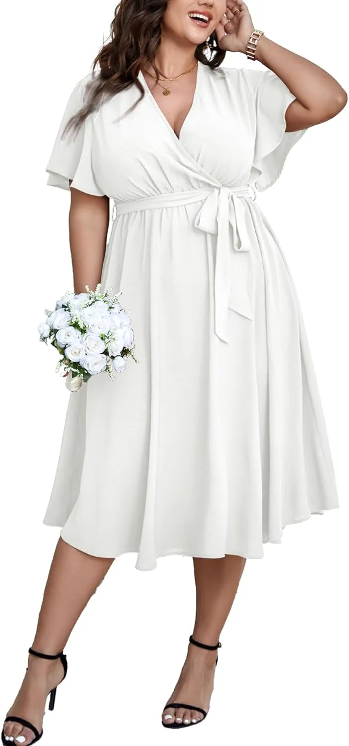 SCOMCHIC Womens Plus Size Wedding Guest Cocktail Midi Dress Summer Short Sleeve Wrap V Neck Belted A-Line Flowy Dress
