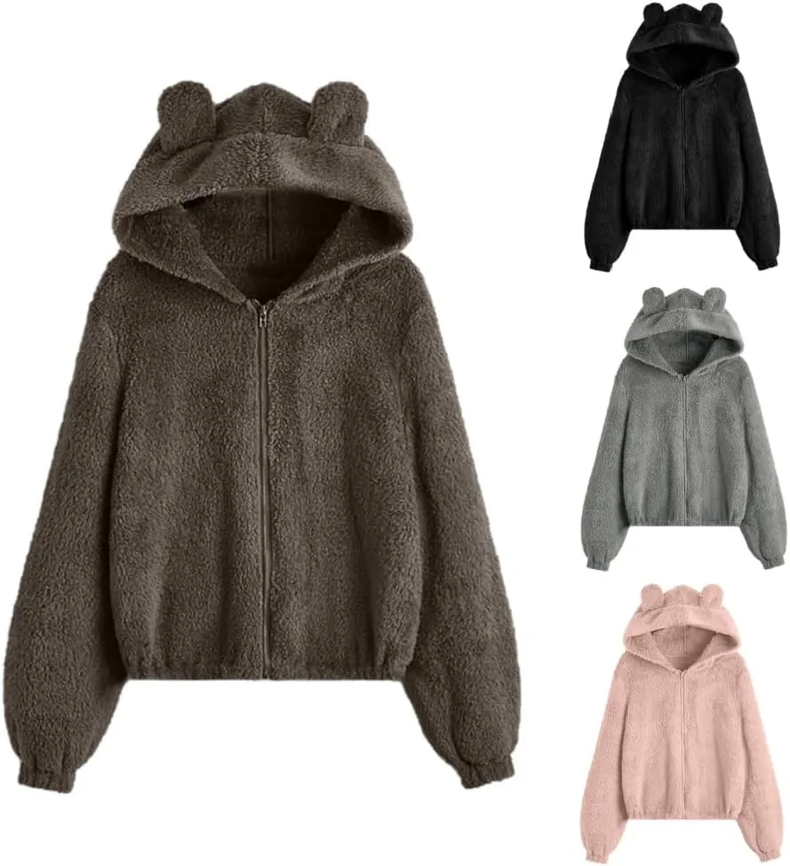 Sherpa Hoodies for Women Zip Up Fuzzy Fleece Jackets Casual Long Sleeve Loose Fit Outwear Coats with Bear Ear Hood