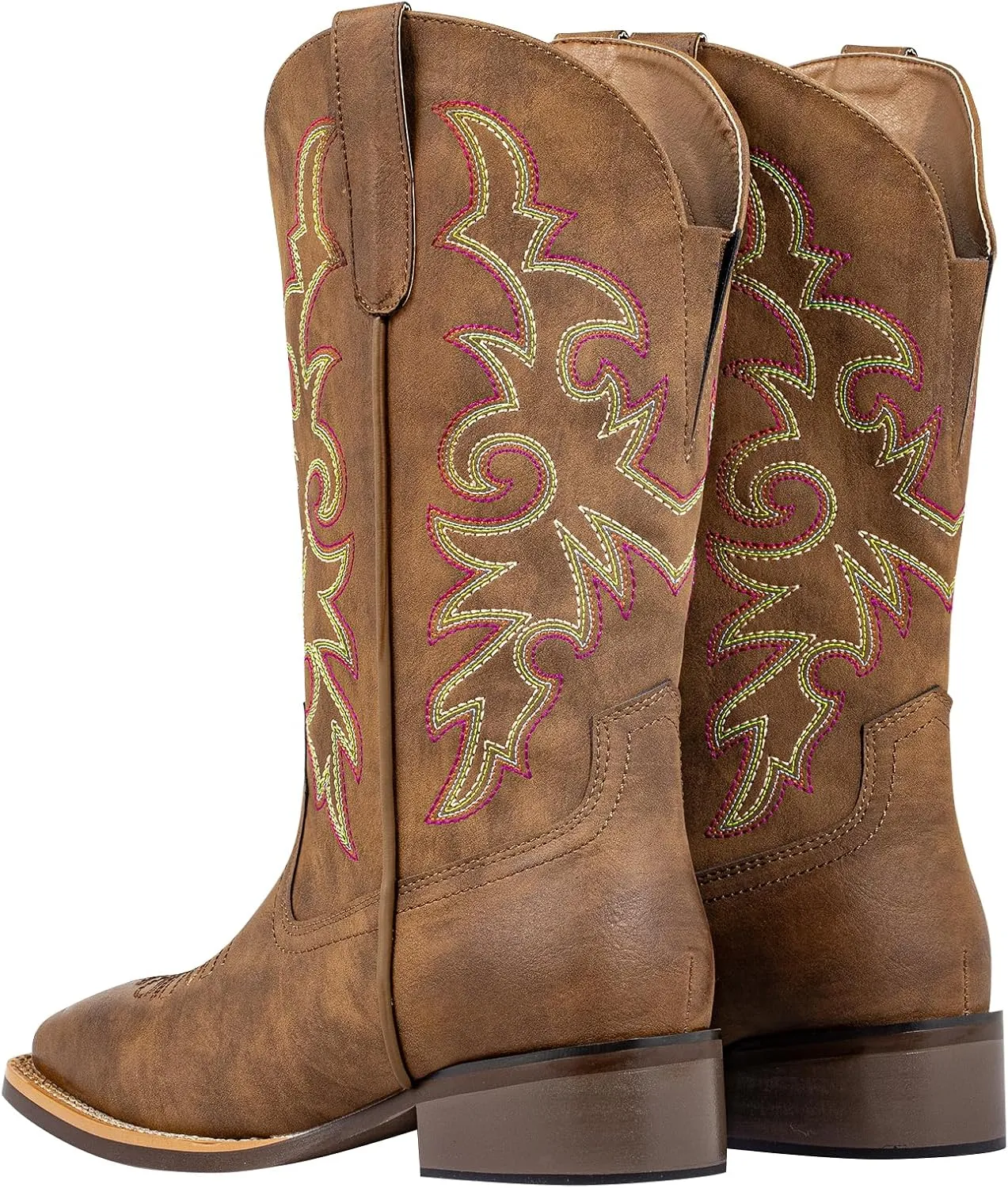 SheSole Women's Extra Wide Calf Cowboy Boots Square Toe ?C Pull-On Western Boots for Thick Calves, Stretch Comfort & Removable Insole, Classic Western Pattern