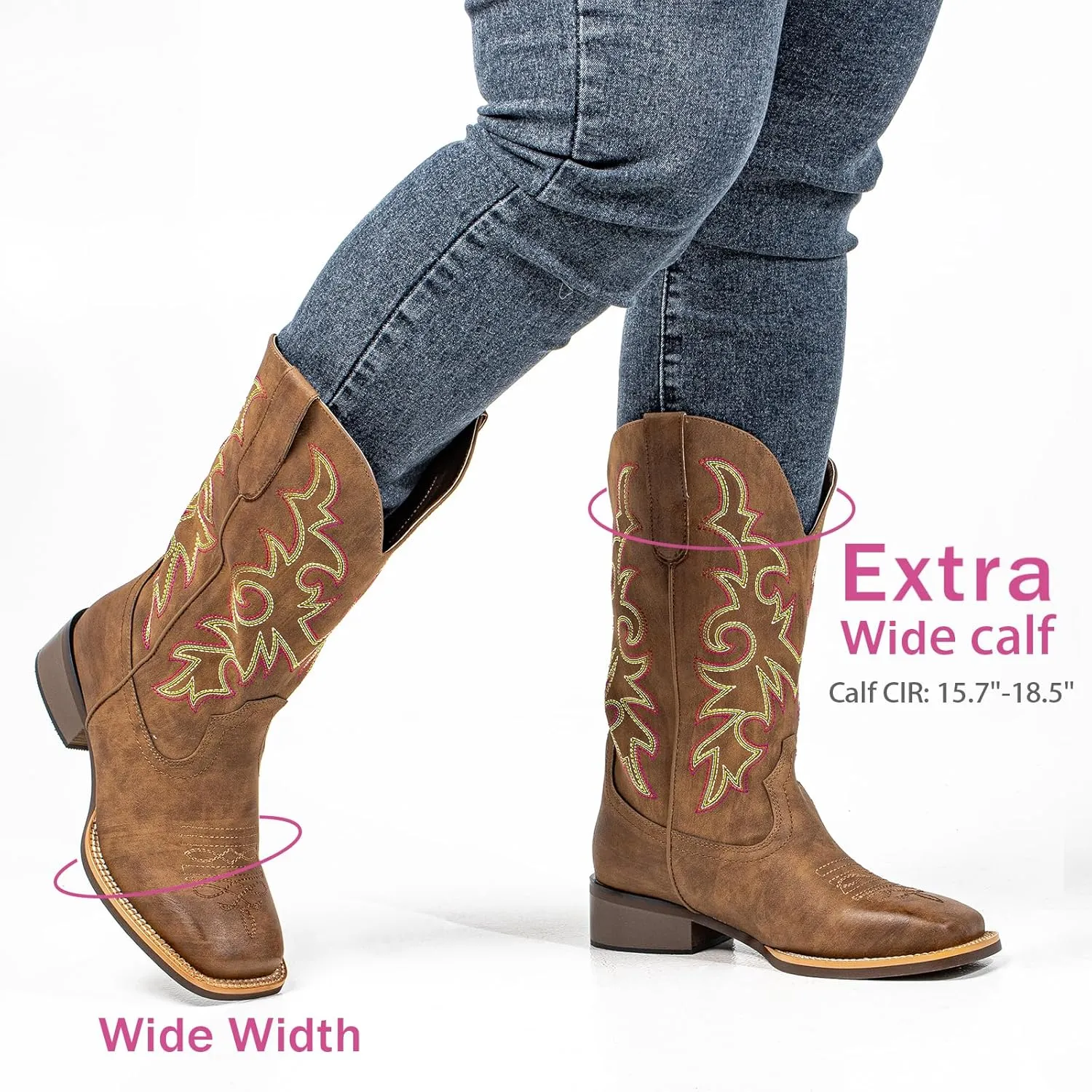 SheSole Women's Extra Wide Calf Cowboy Boots Square Toe ?C Pull-On Western Boots for Thick Calves, Stretch Comfort & Removable Insole, Classic Western Pattern
